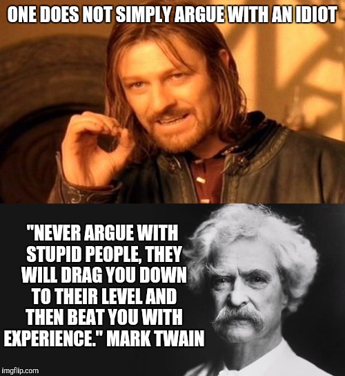 Then there are those too stupid to realize when they've lost | ONE DOES NOT SIMPLY ARGUE WITH AN IDIOT; "NEVER ARGUE WITH STUPID PEOPLE, THEY WILL DRAG YOU DOWN TO THEIR LEVEL AND THEN BEAT YOU WITH EXPERIENCE." MARK TWAIN | image tagged in arguing,mark twain,idiots | made w/ Imgflip meme maker