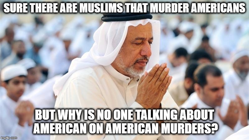 American on American Crime | SURE THERE ARE MUSLIMS THAT MURDER AMERICANS; BUT WHY IS NO ONE TALKING ABOUT AMERICAN ON AMERICAN MURDERS? | image tagged in muslims,american,muslim,ban,black on black,terrorism | made w/ Imgflip meme maker