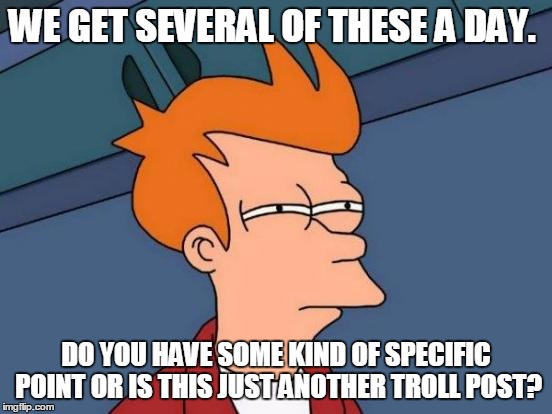 Futurama Fry Meme | WE GET SEVERAL OF THESE A DAY. DO YOU HAVE SOME KIND OF SPECIFIC POINT OR IS THIS JUST ANOTHER TROLL POST? | image tagged in memes,futurama fry | made w/ Imgflip meme maker