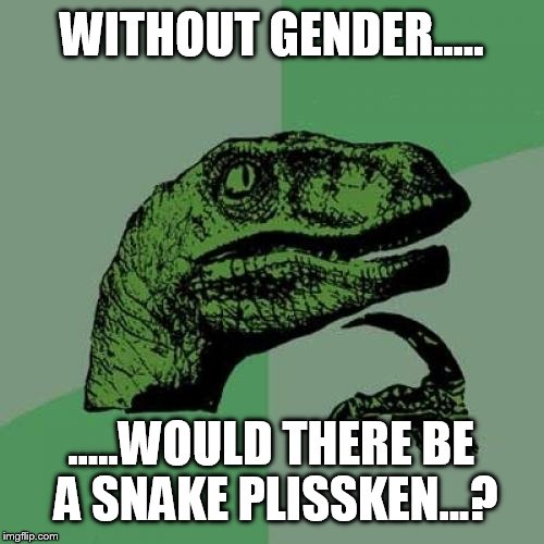 I'm mean, that guy,.....manly. | WITHOUT GENDER..... .....WOULD THERE BE A SNAKE PLISSKEN...? | image tagged in memes,philosoraptor,escape from new york | made w/ Imgflip meme maker