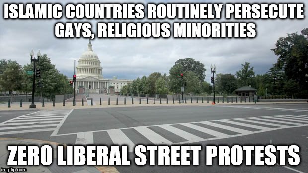 liberal protests: revealingly selective | ISLAMIC COUNTRIES ROUTINELY PERSECUTE GAYS, RELIGIOUS MINORITIES; ZERO LIBERAL STREET PROTESTS | image tagged in empty street in washington dc,trump travel ban | made w/ Imgflip meme maker