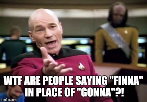 Picard Wtf Meme | WTF ARE PEOPLE SAYING "FINNA" IN PLACE OF "GONNA"?! | image tagged in memes,picard wtf | made w/ Imgflip meme maker