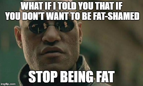 Matrix Morpheus Meme | WHAT IF I TOLD YOU THAT IF YOU DON'T WANT TO BE FAT-SHAMED; STOP BEING FAT | image tagged in fat shaming,feminism,fat,overweight,meme,excuses | made w/ Imgflip meme maker