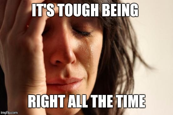 First World Problems Meme | IT'S TOUGH BEING; RIGHT ALL THE TIME | image tagged in memes,first world problems | made w/ Imgflip meme maker