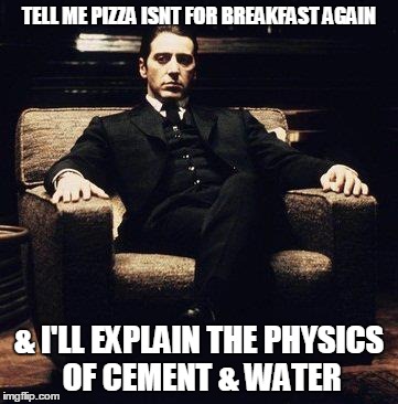 TELL ME PIZZA ISNT FOR BREAKFAST AGAIN; & I'LL EXPLAIN THE PHYSICS OF CEMENT & WATER | image tagged in don corleone | made w/ Imgflip meme maker