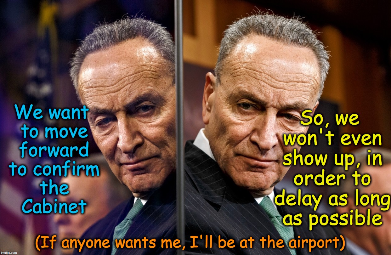 okay, but remember it the next time they try to accuse anyone of obstruction | We want to move forward to confirm the Cabinet; So, we won't even show up, in order to delay as long as possible; (If anyone wants me, I'll be at the airport) | image tagged in chuck schumer,cabinet | made w/ Imgflip meme maker
