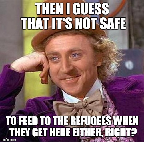 Creepy Condescending Wonka Meme | THEN I GUESS THAT IT'S NOT SAFE TO FEED TO THE REFUGEES WHEN THEY GET HERE EITHER, RIGHT? | image tagged in memes,creepy condescending wonka | made w/ Imgflip meme maker
