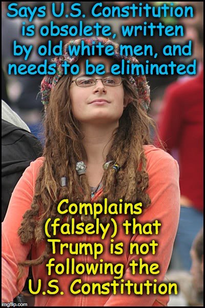 hippie girl big |  Says U.S. Constitution is obsolete, written by old white men, and needs to be eliminated; Complains (falsely) that Trump is not following the U.S. Constitution | image tagged in hippie girl big | made w/ Imgflip meme maker