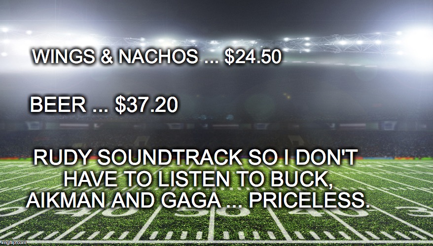 Perfect viewing conditions | WINGS & NACHOS ... $24.50; BEER ... $37.20; RUDY SOUNDTRACK SO I DON'T HAVE TO LISTEN TO BUCK, AIKMAN AND GAGA ... PRICELESS. | image tagged in janey mack meme,super bowl sunday meme,super bowl li,funny meme | made w/ Imgflip meme maker