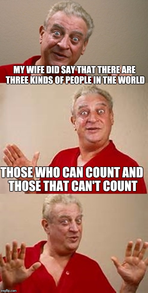 bad pun Dangerfield  | MY WIFE DID SAY THAT THERE ARE THREE KINDS OF PEOPLE IN THE WORLD; THOSE WHO CAN COUNT AND THOSE THAT CAN'T COUNT | image tagged in bad pun dangerfield,memes,three kinds of people | made w/ Imgflip meme maker