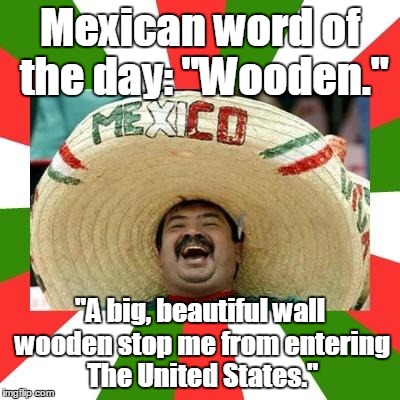 Mexican | Mexican word of the day: "Wooden."; "A big, beautiful wall wooden stop me from entering The United States." | image tagged in mexican | made w/ Imgflip meme maker