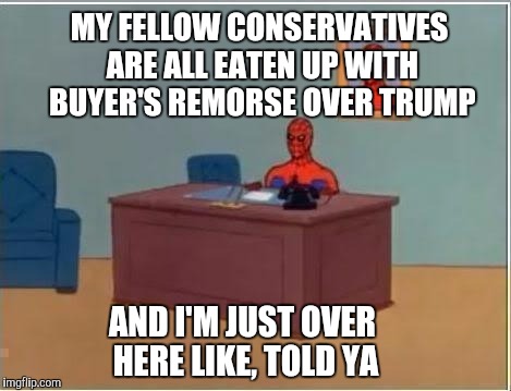 Told ya!  #buyer'sremorse  | MY FELLOW CONSERVATIVES ARE ALL EATEN UP WITH BUYER'S REMORSE OVER TRUMP; AND I'M JUST OVER HERE LIKE, TOLD YA | image tagged in spider-man,trump,donald drumpf,trumpster,alternative facts | made w/ Imgflip meme maker