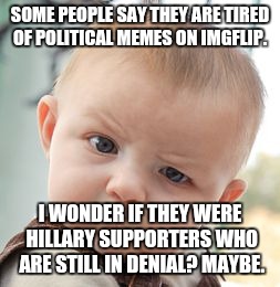 Skeptical Baby Meme | SOME PEOPLE SAY THEY ARE TIRED OF POLITICAL MEMES ON IMGFLIP. I WONDER IF THEY WERE HILLARY SUPPORTERS WHO ARE STILL IN DENIAL? MAYBE. | image tagged in memes,skeptical baby | made w/ Imgflip meme maker