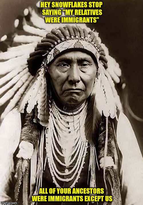 Indian Chief | HEY SNOWFLAKES STOP SAYING "MY RELATIVES WERE IMMIGRANTS"; ALL OF YOUR ANCESTORS WERE IMMIGRANTS EXCEPT US | image tagged in indian chief | made w/ Imgflip meme maker