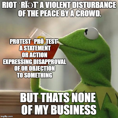 While both can happen at the same time, your rights do not include the former action. | RIOT ˈRĪƏT' A VIOLENT DISTURBANCE OF THE PEACE BY A CROWD. PROTEST ˈPRŌˌTEST' 
A STATEMENT OR ACTION EXPRESSING DISAPPROVAL OF OR OBJECTION TO SOMETHING; BUT THATS NONE OF MY BUSINESS | image tagged in memes,but thats none of my business,kermit the frog | made w/ Imgflip meme maker