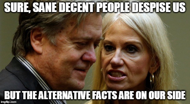 Conway Bannon | SURE, SANE DECENT PEOPLE DESPISE US; BUT THE ALTERNATIVE FACTS ARE ON OUR SIDE | image tagged in conway bannon | made w/ Imgflip meme maker