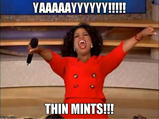 Oprah You Get A Meme | YAAAAAYYYYYY!!!!! THIN MINTS!!! | image tagged in memes,oprah you get a | made w/ Imgflip meme maker