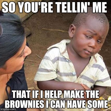 Third World Skeptical Kid | SO YOU'RE TELLIN' ME; THAT IF I HELP MAKE THE BROWNIES I CAN HAVE SOME | image tagged in memes,third world skeptical kid | made w/ Imgflip meme maker