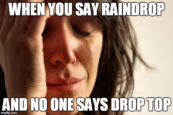 First World Problems Meme | WHEN YOU SAY RAINDROP; AND NO ONE SAYS DROP TOP | image tagged in memes,first world problems | made w/ Imgflip meme maker