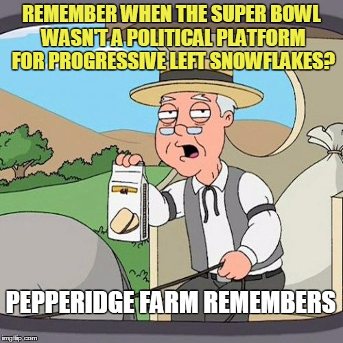 Can't even watch the Big Game without being lectured to |  REMEMBER WHEN THE SUPER BOWL WASN'T A POLITICAL PLATFORM FOR PROGRESSIVE LEFT SNOWFLAKES? PEPPERIDGE FARM REMEMBERS | image tagged in memes,pepperidge farm remembers,super bowl,trump | made w/ Imgflip meme maker
