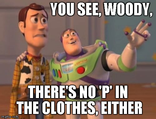 X, X Everywhere Meme | YOU SEE, WOODY, THERE'S NO 'P' IN THE CLOTHES, EITHER | image tagged in memes,x x everywhere | made w/ Imgflip meme maker