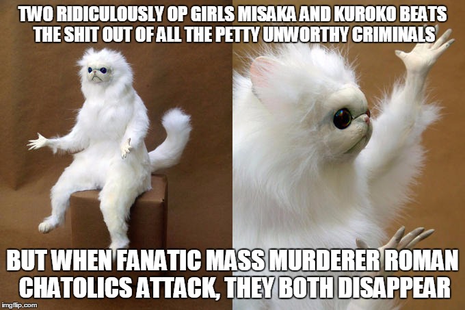 Persian Cat Room Guardian | TWO RIDICULOUSLY OP GIRLS MISAKA AND KUROKO BEATS THE SHIT OUT OF ALL THE PETTY UNWORTHY CRIMINALS; BUT WHEN FANATIC MASS MURDERER ROMAN CHATOLICS ATTACK, THEY BOTH DISAPPEAR | image tagged in memes,persian cat room guardian | made w/ Imgflip meme maker