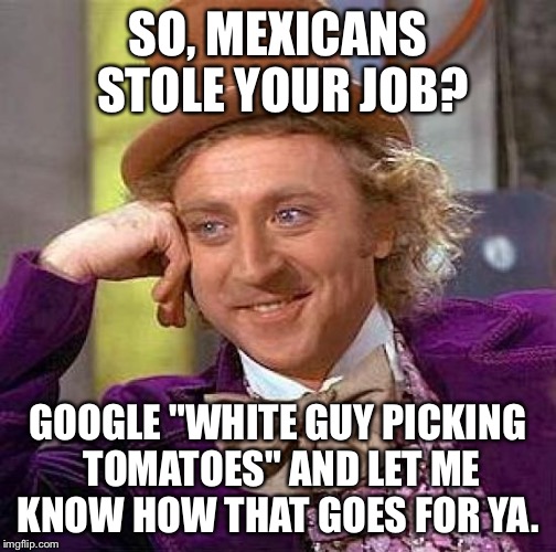 White guy picking tomatoes | SO, MEXICANS STOLE YOUR JOB? GOOGLE "WHITE GUY PICKING TOMATOES" AND LET ME KNOW HOW THAT GOES FOR YA. | image tagged in memes,creepy condescending wonka,mexican | made w/ Imgflip meme maker