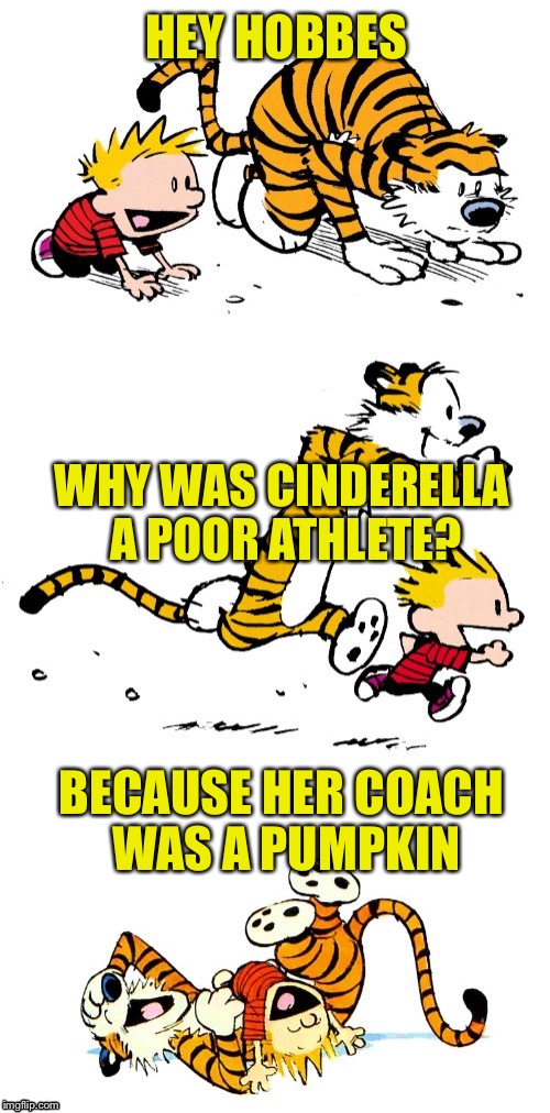 Calvin and Hobbes Puns | HEY HOBBES; WHY WAS CINDERELLA A POOR ATHLETE? BECAUSE HER COACH WAS A PUMPKIN | image tagged in calvin and hobbes puns | made w/ Imgflip meme maker
