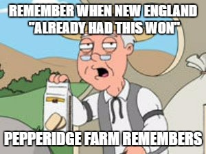 Pepperridge Farm Remembers | REMEMBER WHEN NEW ENGLAND "ALREADY HAD THIS WON"; PEPPERIDGE FARM REMEMBERS | image tagged in pepperridge farm remembers | made w/ Imgflip meme maker