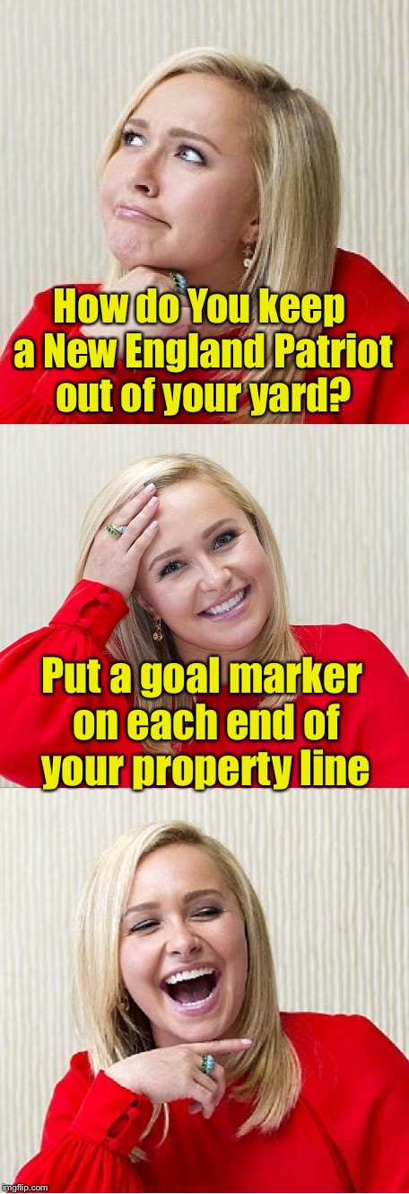 Super Bad Pun | How do You keep a New England Patriot out of your yard? Put a goal marker on each end of your property line | image tagged in bad pun hayden 2,super bowl | made w/ Imgflip meme maker