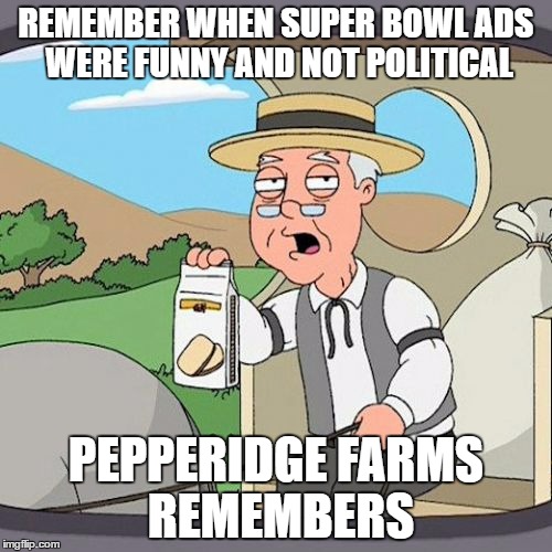 Pepperidge Farms | REMEMBER WHEN SUPER BOWL ADS WERE FUNNY AND NOT POLITICAL; PEPPERIDGE FARMS REMEMBERS | image tagged in pepperidge farms | made w/ Imgflip meme maker
