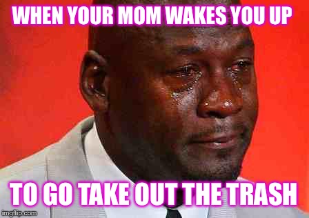 crying michael jordan | WHEN YOUR MOM WAKES YOU UP; TO GO TAKE OUT THE TRASH | image tagged in crying michael jordan | made w/ Imgflip meme maker