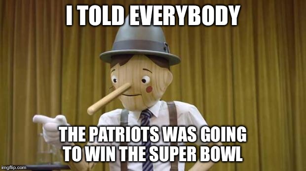 Geico Pinocchio | I TOLD EVERYBODY; THE PATRIOTS WAS GOING TO WIN THE SUPER BOWL | image tagged in geico pinocchio | made w/ Imgflip meme maker