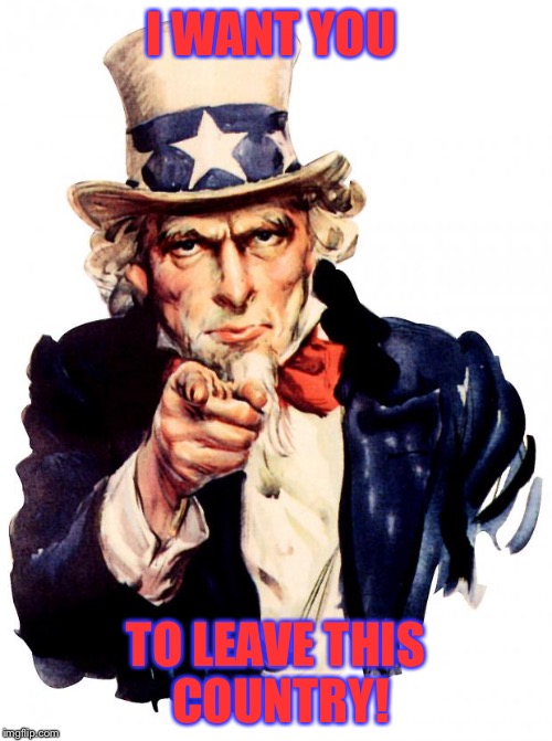 I want you to leave this country!  | I WANT YOU; TO LEAVE THIS COUNTRY! | image tagged in memes,uncle sam,politics,conservative | made w/ Imgflip meme maker
