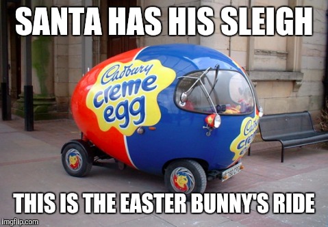 You should see the jack rabbit starts | SANTA HAS HIS SLEIGH; THIS IS THE EASTER BUNNY'S RIDE | image tagged in cuz cars,strange cars,cadbury egg car | made w/ Imgflip meme maker