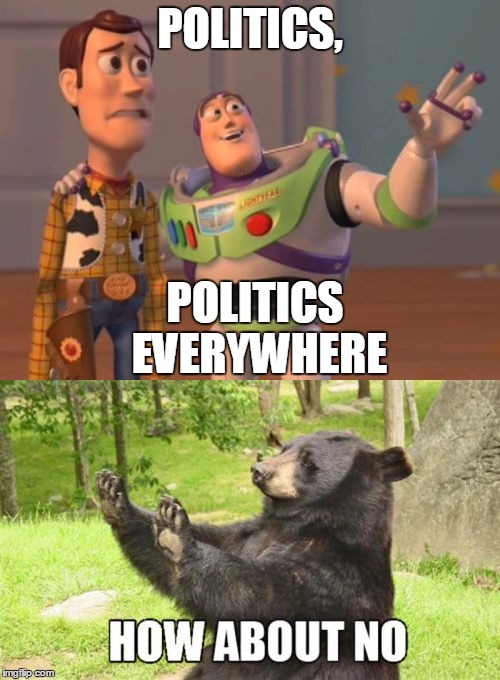 That's right, my beary awesome friend | POLITICS, POLITICS EVERYWHERE | image tagged in x x everywhere,how about no bear | made w/ Imgflip meme maker