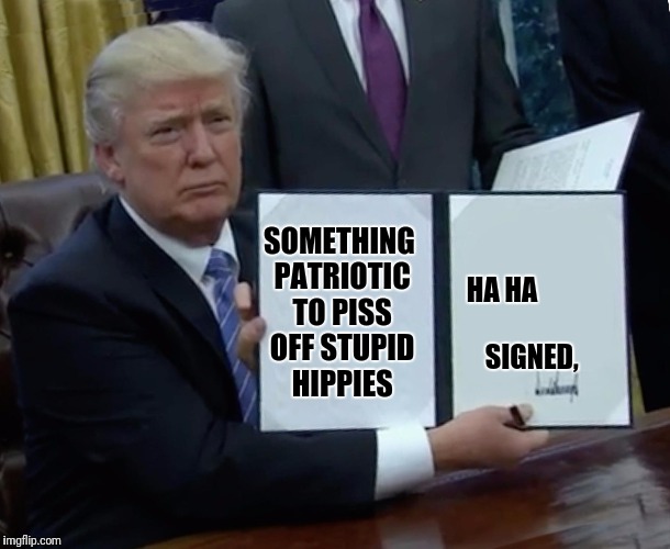 Trump Bill Signing Meme | SOMETHING PATRIOTIC TO PISS OFF STUPID HIPPIES; HA HA                       SIGNED, | image tagged in trump bill signing | made w/ Imgflip meme maker