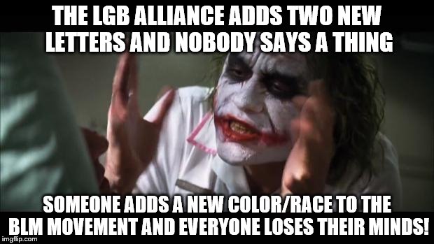 I still say that 'all lives matter' | THE LGB ALLIANCE ADDS TWO NEW LETTERS AND NOBODY SAYS A THING; SOMEONE ADDS A NEW COLOR/RACE TO THE BLM MOVEMENT AND EVERYONE LOSES THEIR MINDS! | image tagged in memes,and everybody loses their minds,black lives matter,lgbtq | made w/ Imgflip meme maker