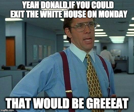 That Would Be Great | YEAH DONALD,IF YOU COULD EXIT THE WHITE HOUSE ON MONDAY; THAT WOULD BE GREEEAT | image tagged in memes,that would be great | made w/ Imgflip meme maker