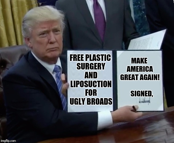 Trump Bill Signing | MAKE AMERICA GREAT AGAIN!      SIGNED, FREE PLASTIC SURGERY AND LIPOSUCTION FOR UGLY BROADS | image tagged in trump bill signing,trump | made w/ Imgflip meme maker