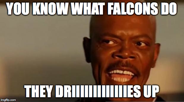 Snakes on the Plane Samuel L Jackson | YOU KNOW WHAT FALCONS DO; THEY DRIIIIIIIIIIIIIES UP | image tagged in snakes on the plane samuel l jackson | made w/ Imgflip meme maker