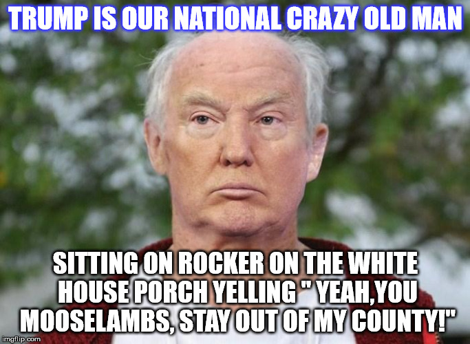 Trump is really off his Rocker!  | TRUMP IS OUR NATIONAL CRAZY OLD MAN; SITTING ON ROCKER ON THE WHITE HOUSE PORCH YELLING " YEAH,YOU MOOSELAMBS, STAY OUT OF MY COUNTY!" | image tagged in trump,crazy | made w/ Imgflip meme maker