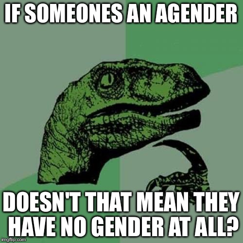 Philosoraptor Meme | IF SOMEONES AN AGENDER; DOESN'T THAT MEAN THEY HAVE NO GENDER AT ALL? | image tagged in memes,philosoraptor | made w/ Imgflip meme maker