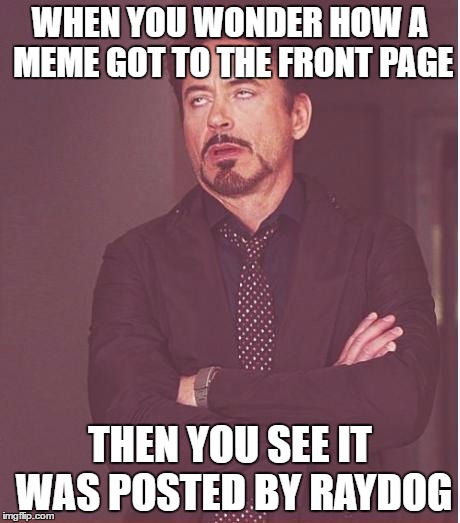Face You Make Robert Downey Jr | WHEN YOU WONDER HOW A MEME GOT TO THE FRONT PAGE; THEN YOU SEE IT WAS POSTED BY RAYDOG | image tagged in memes,face you make robert downey jr | made w/ Imgflip meme maker