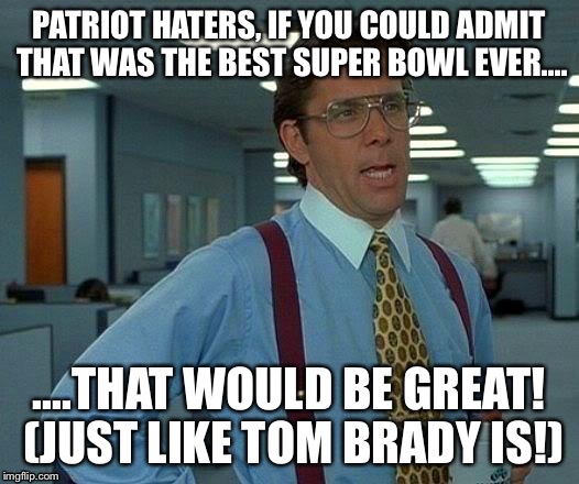 That Would Be Great | PATRIOT HATERS, IF YOU COULD ADMIT THAT WAS THE BEST SUPER BOWL EVER.... ....THAT WOULD BE GREAT! (JUST LIKE TOM BRADY IS!) | image tagged in memes,that would be great | made w/ Imgflip meme maker