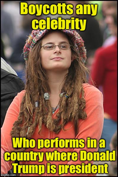 Going to live a very borring life the next 4 to 8 years | Boycotts any celebrity; Who performs in a country where Donald Trump is president | image tagged in memes,college liberal | made w/ Imgflip meme maker