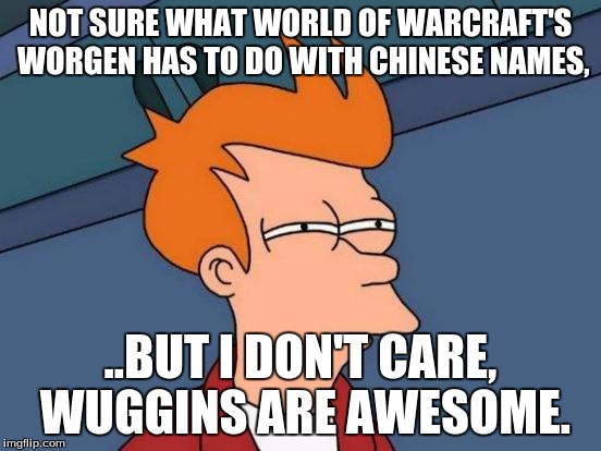 NOT SURE WHAT WORLD OF WARCRAFT'S WORGEN HAS TO DO WITH CHINESE NAMES, ..BUT I DON'T CARE, WUGGINS ARE AWESOME. | image tagged in memes,futurama fry | made w/ Imgflip meme maker