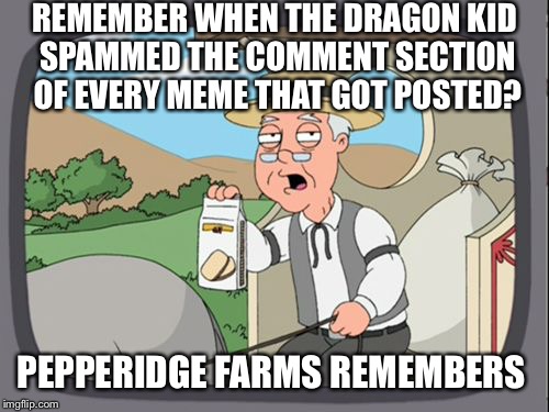 REMEMBER WHEN THE DRAGON KID SPAMMED THE COMMENT SECTION OF EVERY MEME THAT GOT POSTED? PEPPERIDGE FARMS REMEMBERS | made w/ Imgflip meme maker