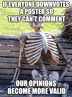 Improve reputation to post a meme. Text comments are cool too. Wait 75 minutes. | IF EVERYONE DOWNVOTES A POSTER SO THEY CAN'T COMMENT; OUR OPINIONS BECOME MORE VALID | image tagged in memes,waiting skeleton,only i talk,not you | made w/ Imgflip meme maker