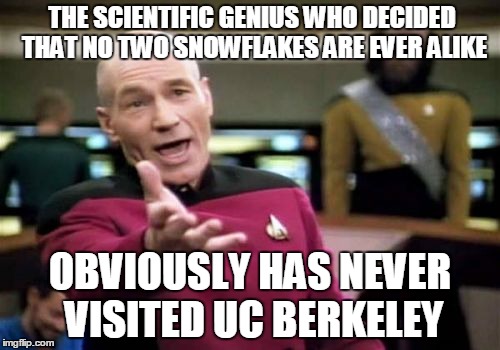 Picard Wtf Meme | THE SCIENTIFIC GENIUS WHO DECIDED THAT NO TWO SNOWFLAKES ARE EVER ALIKE; OBVIOUSLY HAS NEVER VISITED UC BERKELEY | image tagged in memes,picard wtf | made w/ Imgflip meme maker